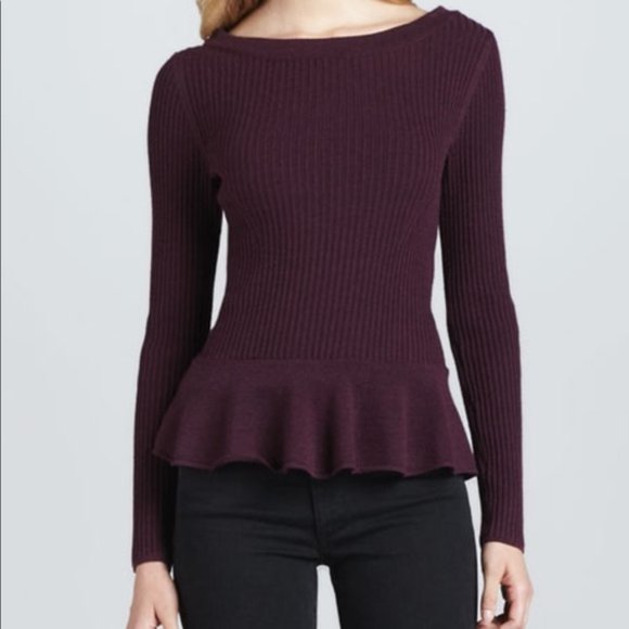Tory Burch Ramona Peplum Merino Wool Sweater In Plum Long Length  [090] - Picture 1 of 6